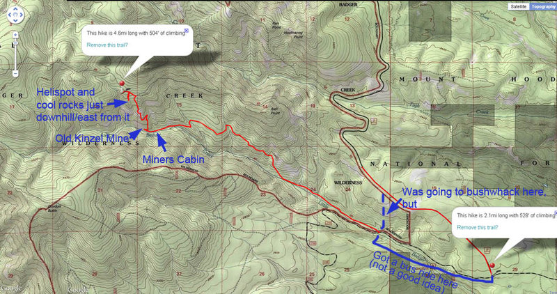 Day 3 - checked out Helispot and cliffs just to the east, then down at Little Badger Creek found an old mine; it's just off-trail - continue straight at the lower switchback